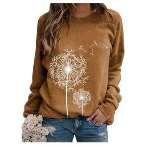 ZXZY Women Crew Neck Long Sleeves Dandelion Printed Pullover Top - Khaki